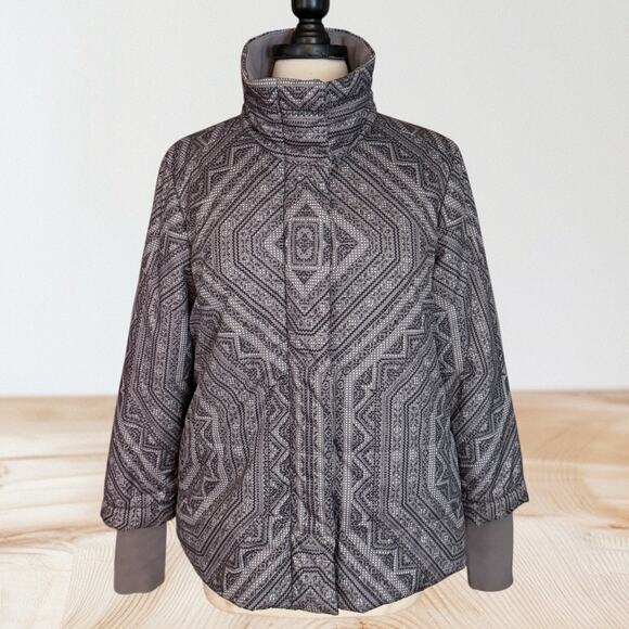 Prana Lilly Puffer Jacket Coat Sz L Women Gray Bandana Print Vegan Zip and Snaps - Picture 1 of 13